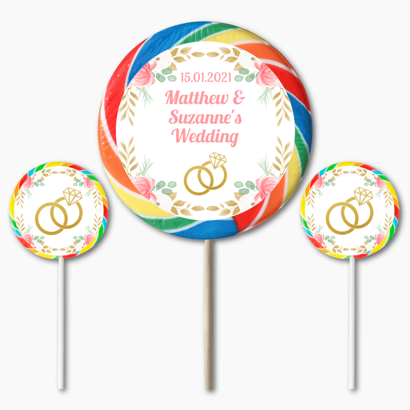 Personalised Pink &amp; Gold Floral Wedding Round Stickers