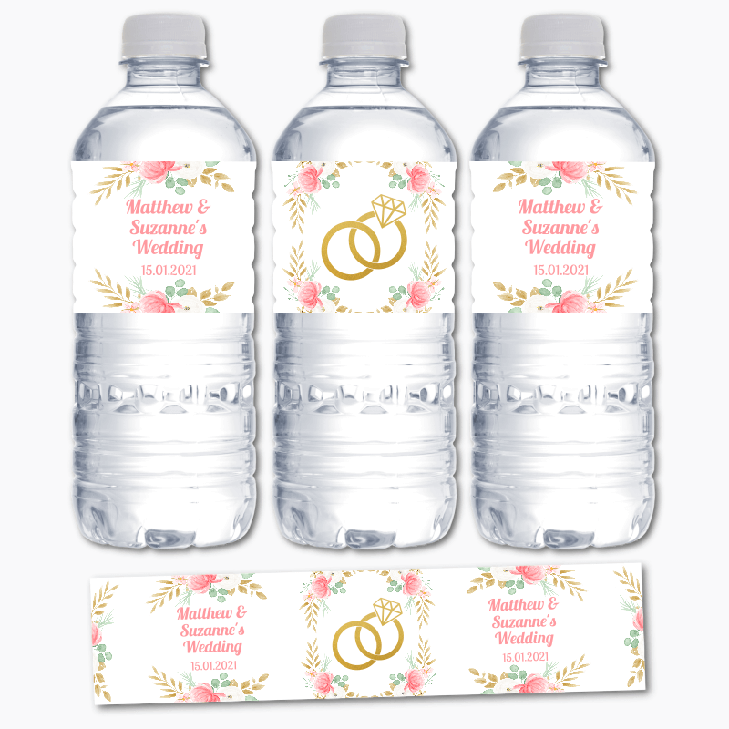 Personalised Pink &amp; Gold Floral Wedding Water Labels