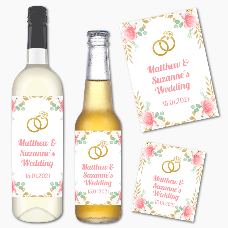 Personalised Pink & Gold Floral Wedding Wine & Beer Labels