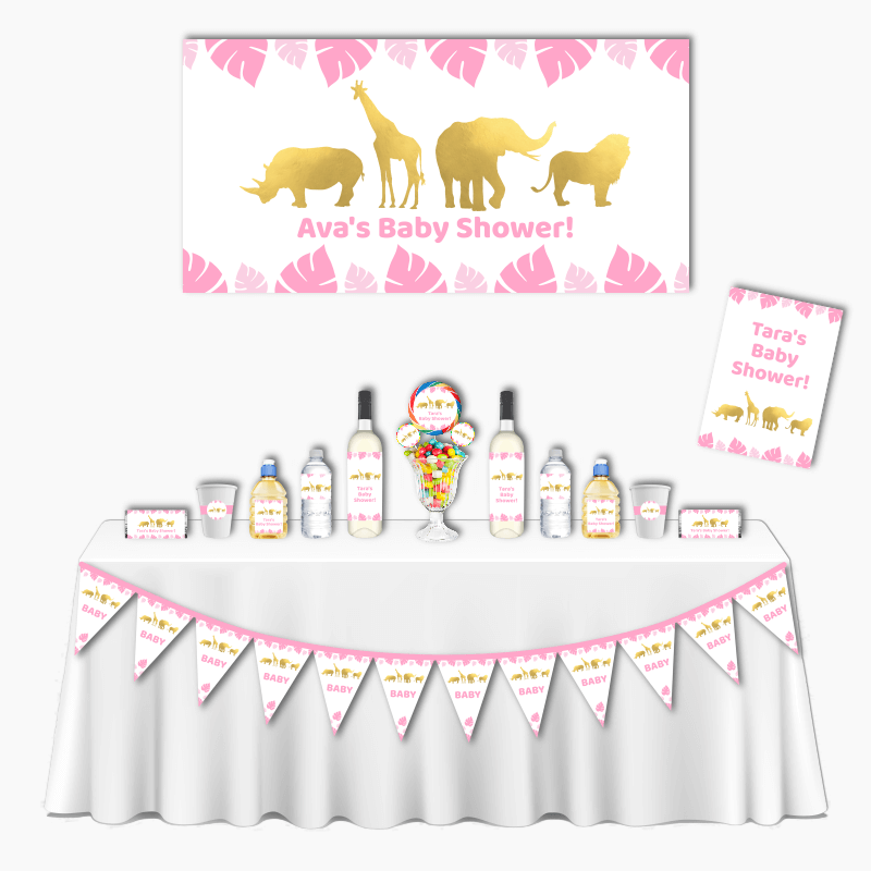 Personalised Pink &amp; Gold Safari Jungle Animals Deluxe Baby Shower Pack