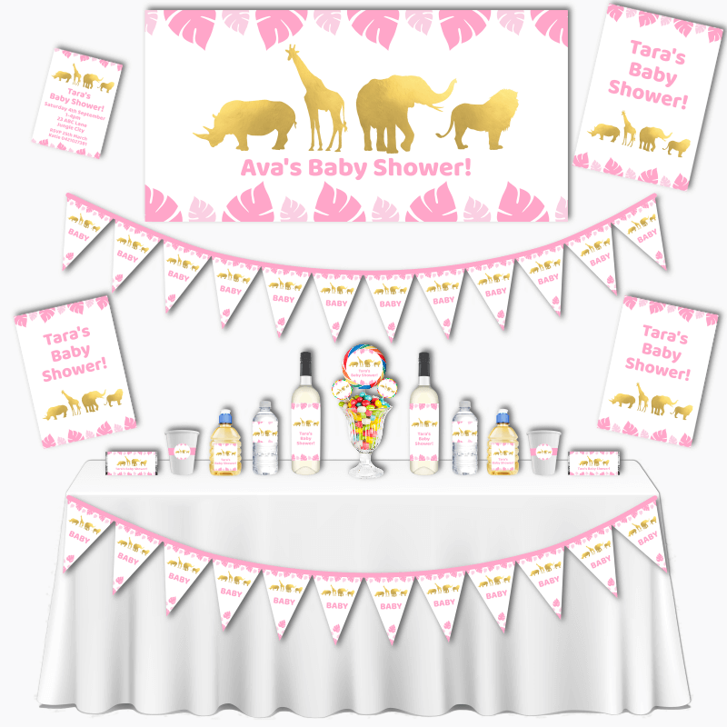 Personalised Pink &amp; Gold Safari Animals Grand Baby Shower Decorations Pack
