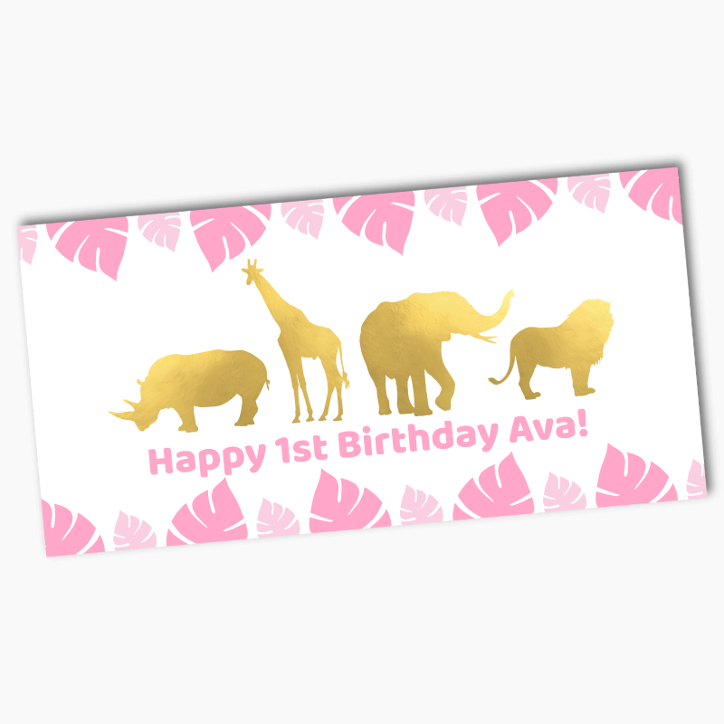 Personalised Pink &amp; Gold Safari Jungle Animals Party Banners