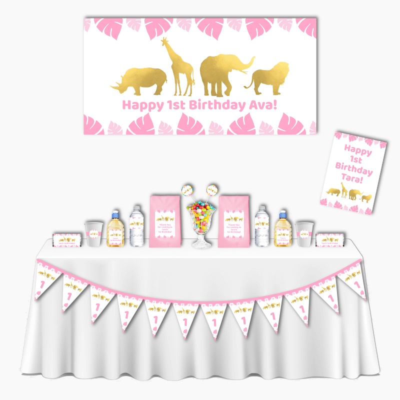 Personalised Pink &amp; Gold Safari Jungle Animals Deluxe Birthday Party Decorations Pack