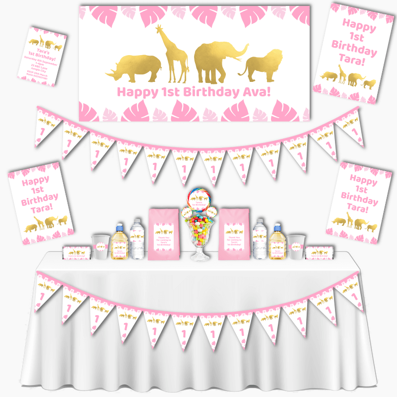 Personalised Pink &amp; Gold Safari Animals Grand Birthday Party Decorations Pack