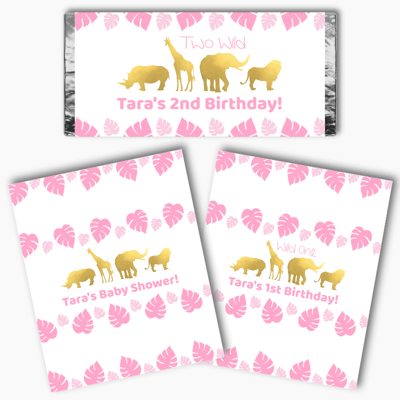 Personalised Pink & Gold Safari Jungle Animals Party Mini Chocolate Labels