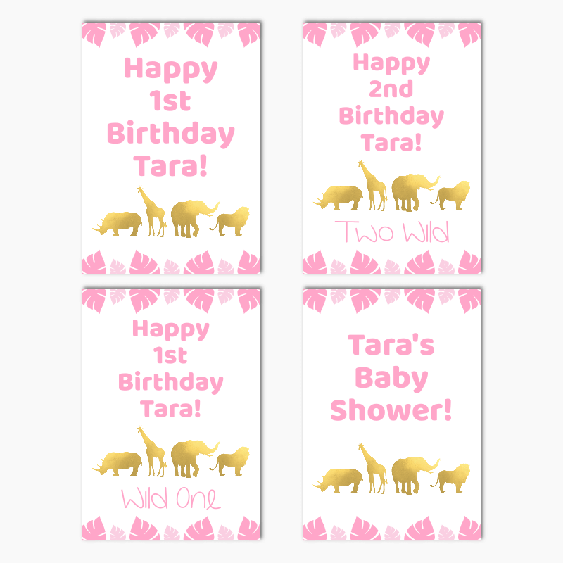 Personalised Pink &amp; Gold Safari Jungle Animals Party Posters