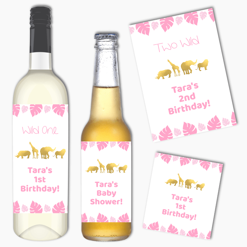 Personalised Pink & Gold Safari Jungle Animals Wine & Beer Labels