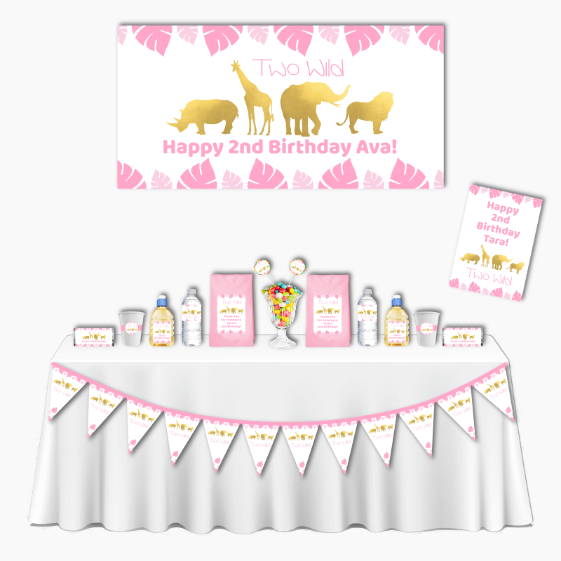 Personalised Pink &amp; Gold Safari Jungle Animals Deluxe Two Wild Party Pack