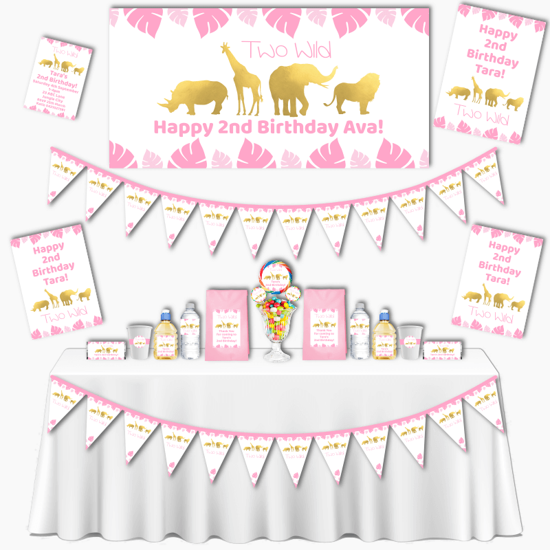 Personalised Pink &amp; Gold Safari Animals Grand Two Wild Party Decorations Pack