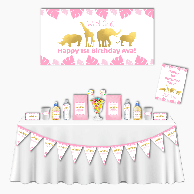 Personalised Pink &amp; Gold Safari Animals Deluxe Wild One Party Decorations Pack