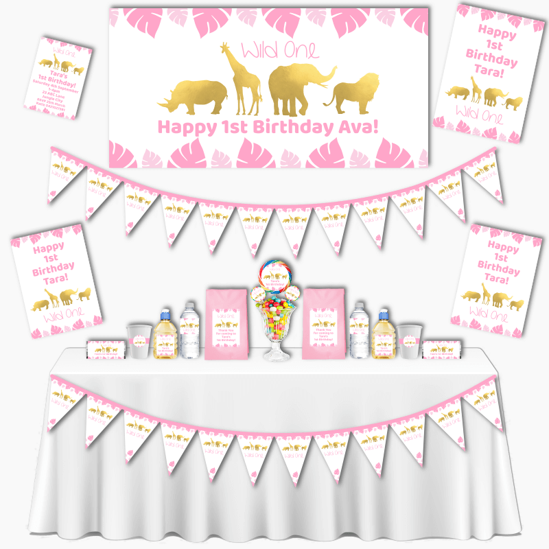 Personalised Pink &amp; Gold Safari Animals Grand Wild One Party Decorations Pack