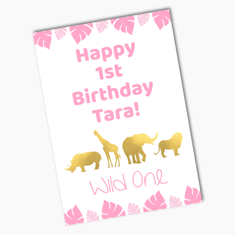 Personalised Pink &amp; Gold Safari Jungle Animals Wild One Posters