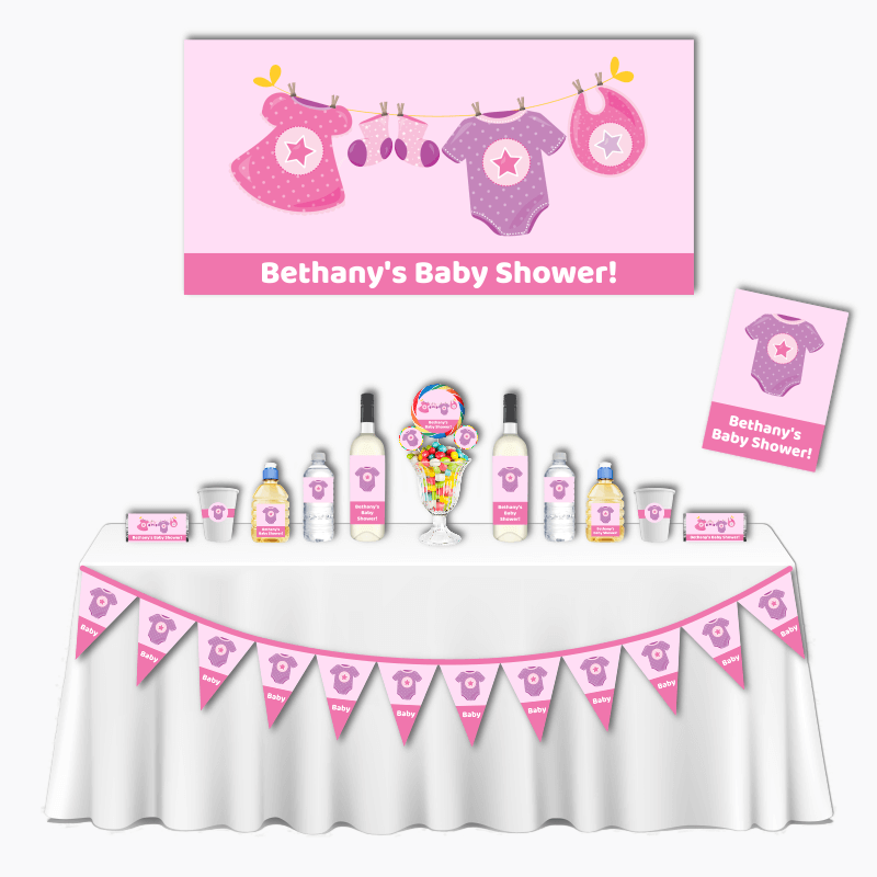 Personalised Pink &amp; Purple Onesie Baby Shower Deluxe Party Decorations Pack