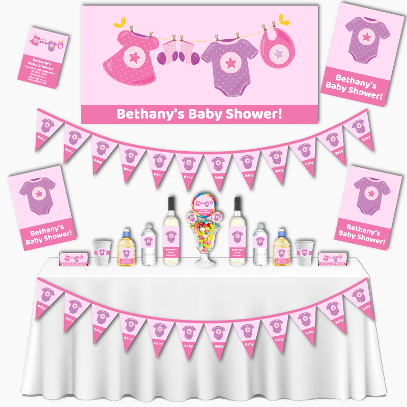 Personalised Pink &amp; Purple Onesie Baby Shower Grand Party Decorations Pack