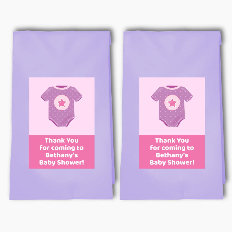 Personalised Pink &amp; Purple Onesie Baby Shower Party Bags &amp; Labels