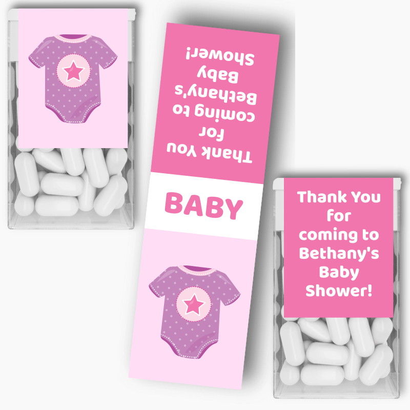 Personalised Pink & Purple Onesie Baby Shower Tic Tac Labels