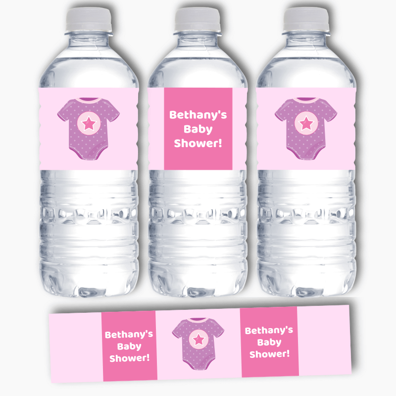 Personalised Pink &amp; Purple Onesie Baby Shower Water Bottle Labels