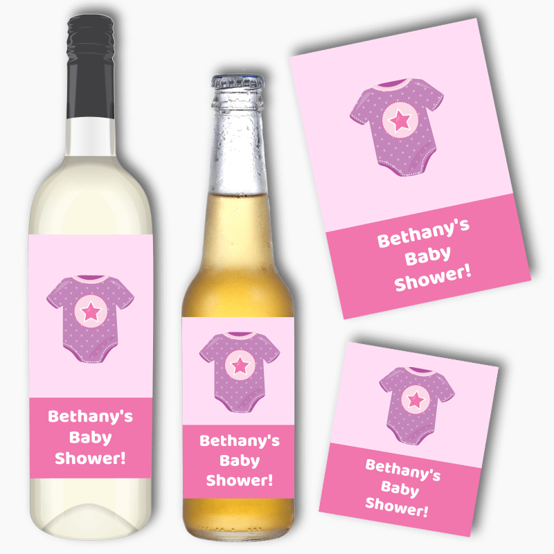 Personalised Pink &amp; Purple Onesie Baby Shower Wine &amp; Beer Labels