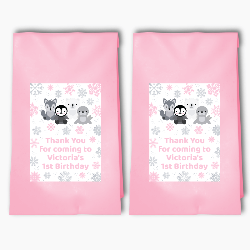 Personalised Pink &amp; Silver Arctic Animals Birthday Party Bags &amp; Labels