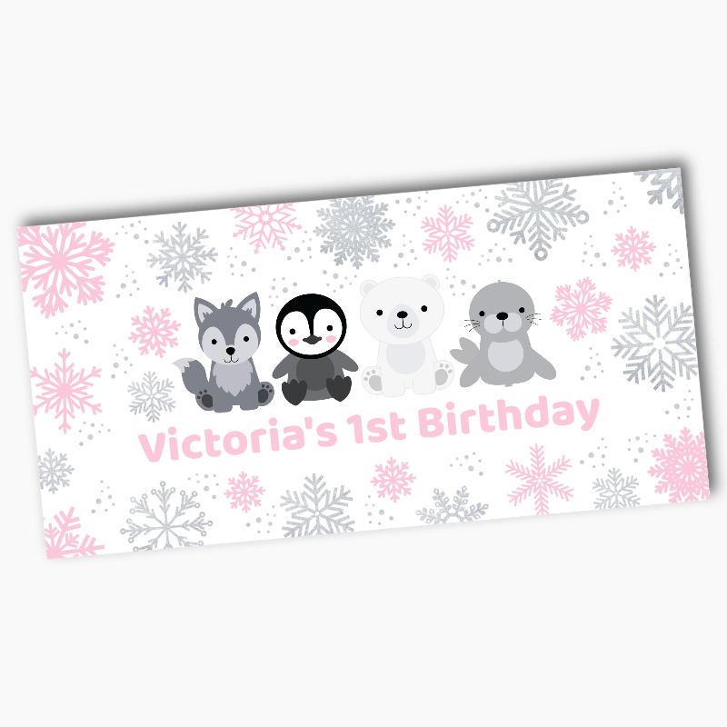 Personalised Pink &amp; Silver Arctic Animals Birthday Party Banners