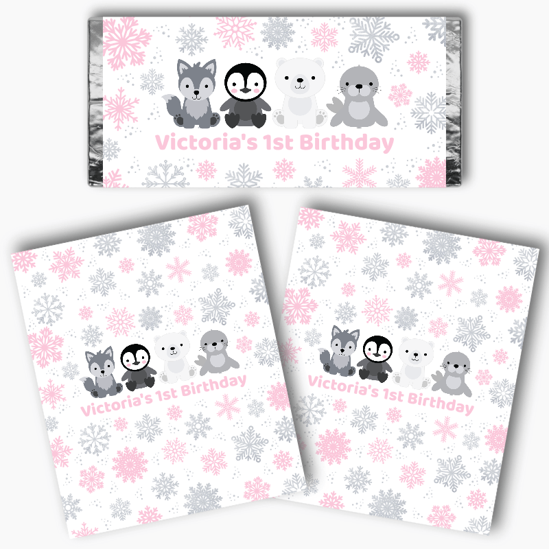 Personalised Pink & Silver Arctic Animals Party Mini Chocolate Labels