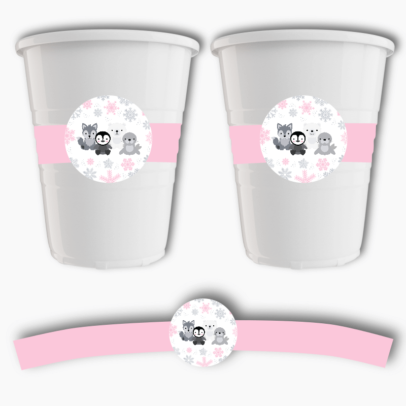 Personalised Pink &amp; Silver Arctic Animals Birthday Party Cup Stickers