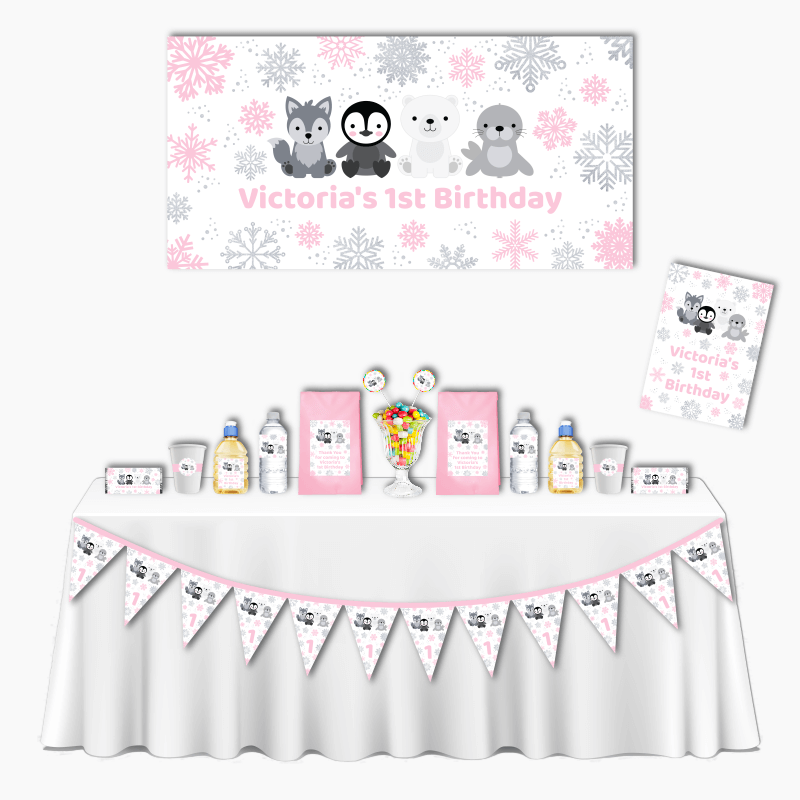 Personalised Pink &amp; Silver Arctic Animals Deluxe Birthday Party Pack