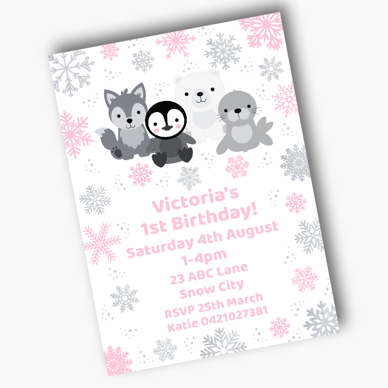 Personalised Pink &amp; Silver Arctic Animals Birthday Party Invites
