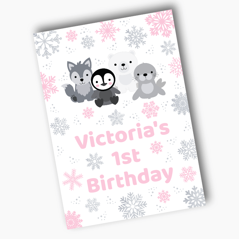 Personalised Pink &amp; Silver Arctic Animals Birthday Party Posters