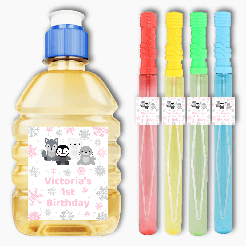 Pink & Silver Arctic Animals Birthday Party Rectangle Favour Stickers