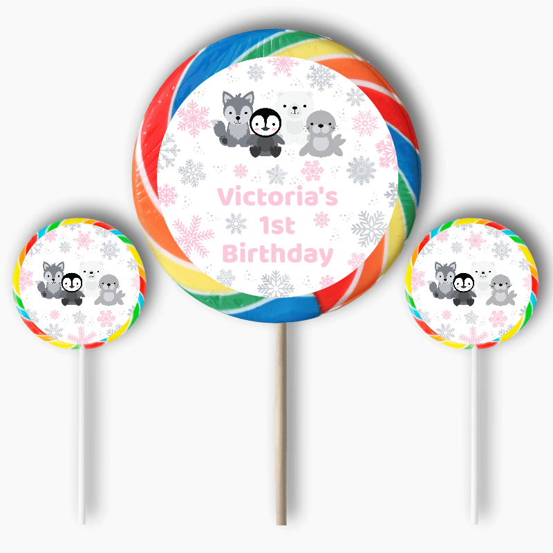 Personalised Pink &amp; Silver Arctic Animals Birthday Party Round Stickers