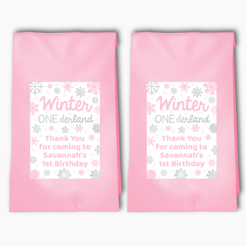 Personalised Pink &amp; Silver Winter ONEderland Birthday Party Bags &amp; Labels