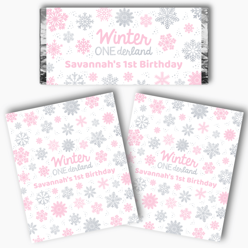 Personalised Pink &amp; Silver Winter ONEderland Birthday Party Mini Chocolate Labels