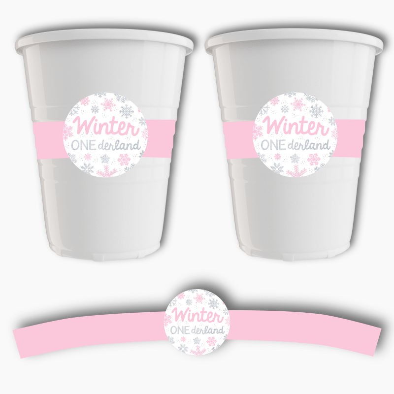 Personalised Pink &amp; Silver Winter ONEderland Birthday Party Cup Stickers