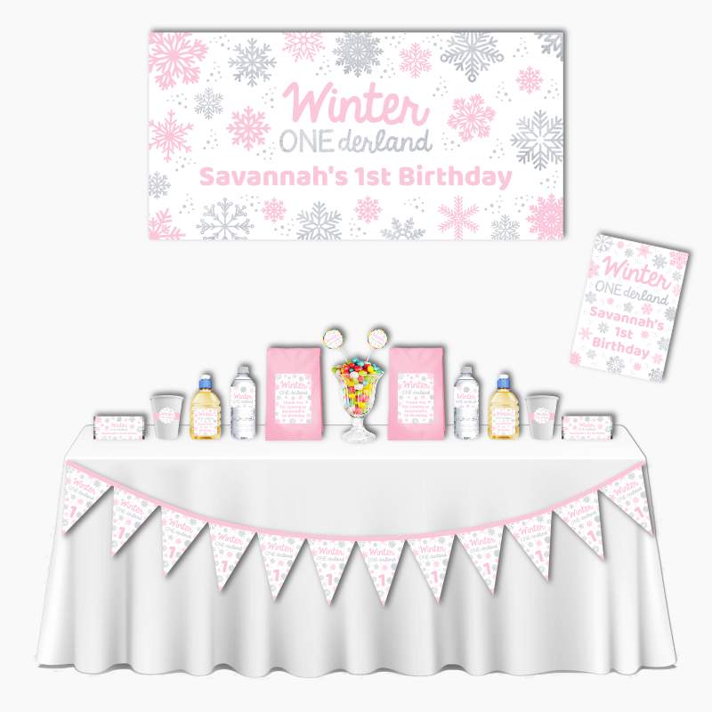 Personalised Pink &amp; Silver Winter ONEderland Deluxe Birthday Party Pack