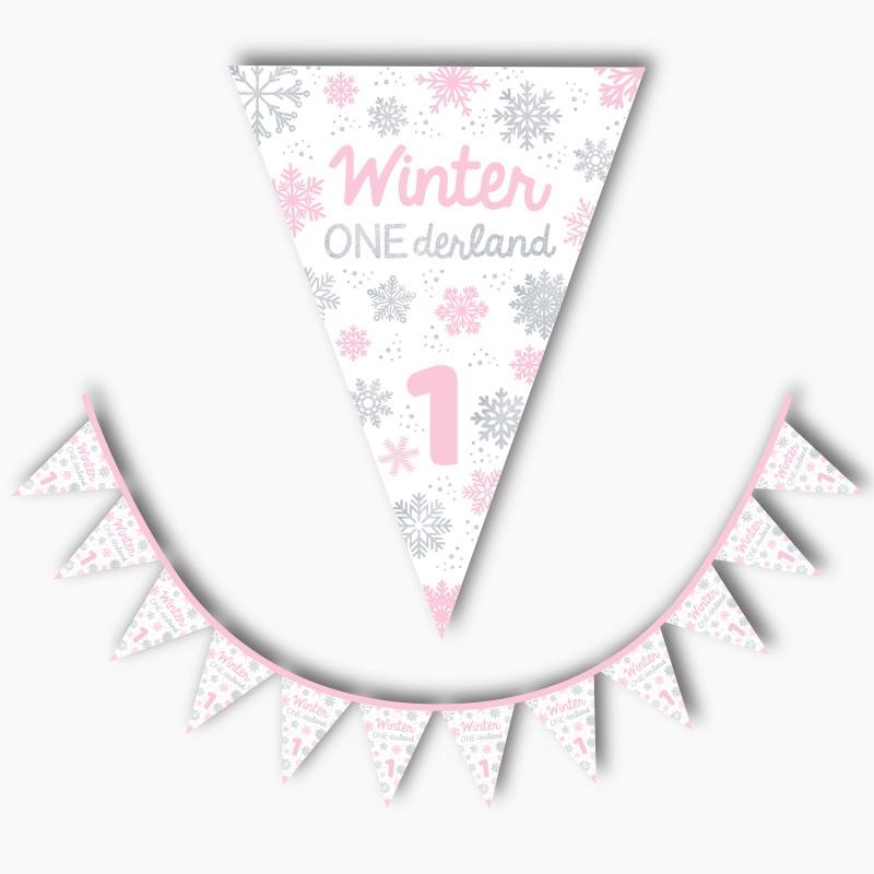 Personalised Pink &amp; Silver Winter ONEderland Birthday Party Flag Bunting