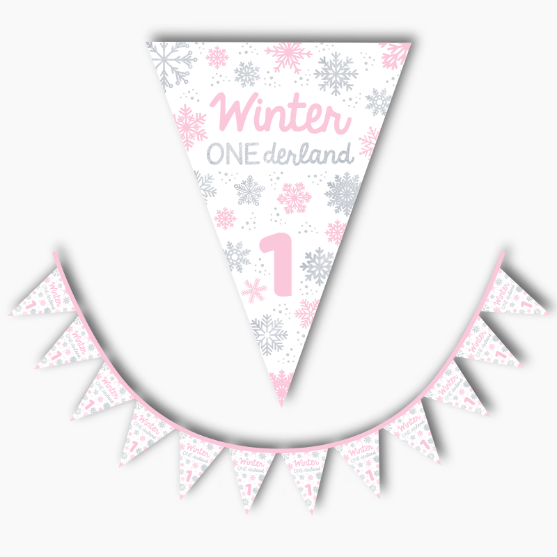Personalised Pink & Silver Winter ONEderland Birthday Party Flag Bunting