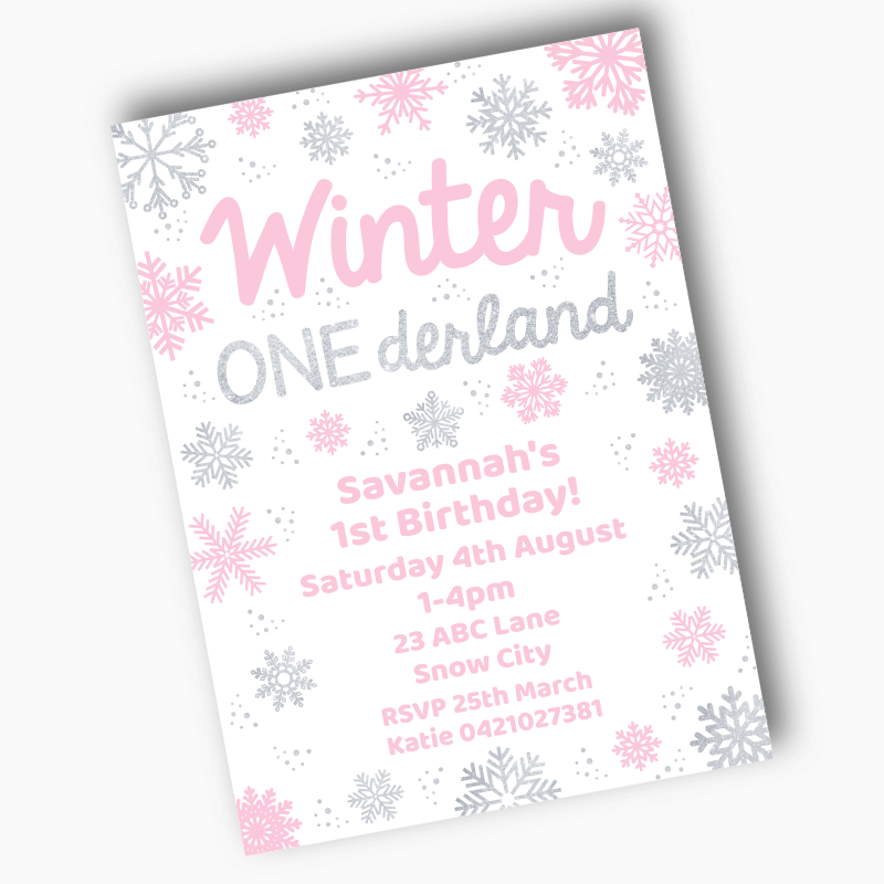 Personalised Pink & Silver Winter ONEderland Birthday Party Invites
