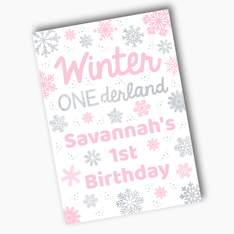 Personalised Pink &amp; Silver Winter ONEderland Birthday Party Posters
