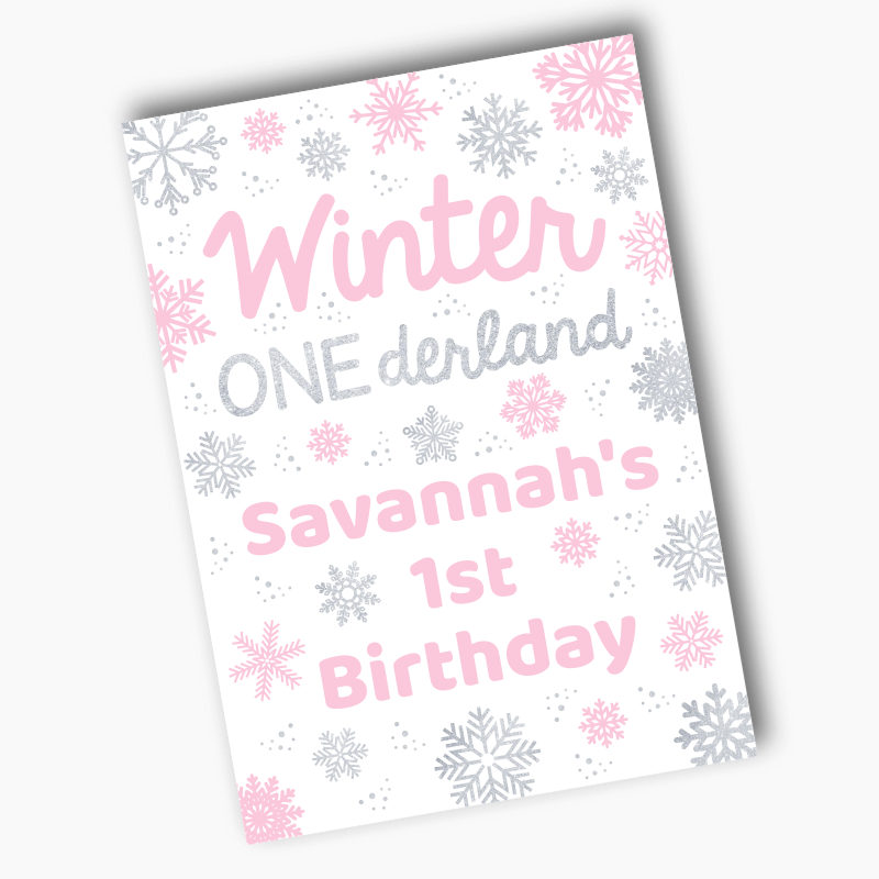 Personalised Pink & Silver Winter ONEderland Birthday Party Posters