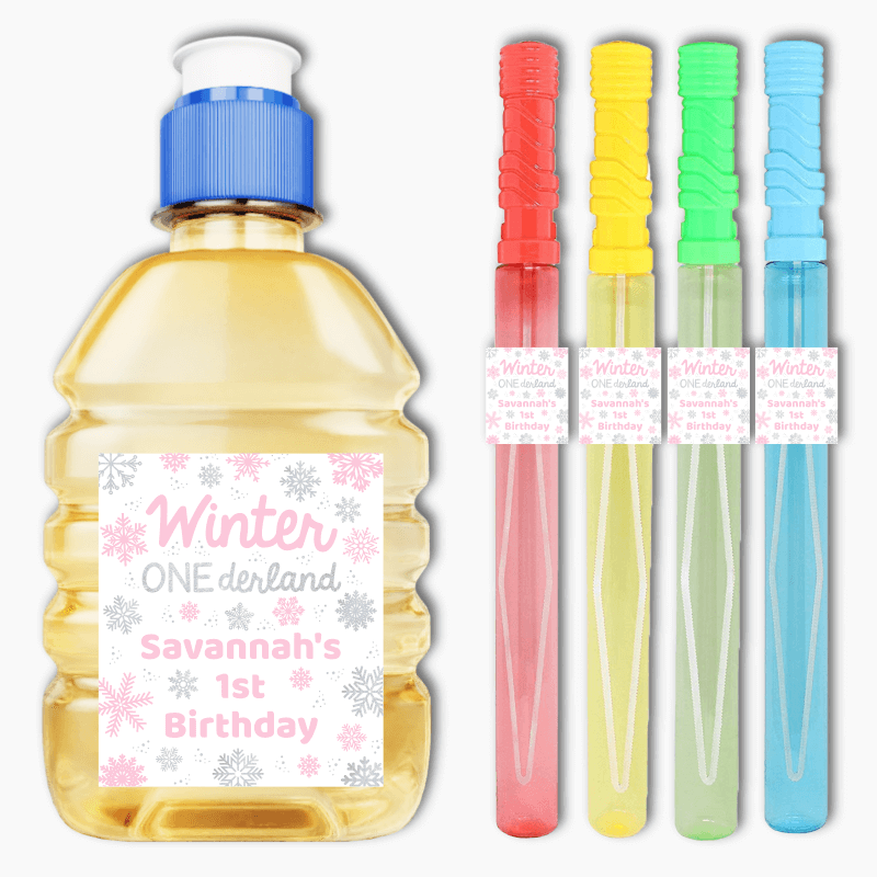 Personalised Pink & Silver Winter ONEderland Party Rectangle Stickers