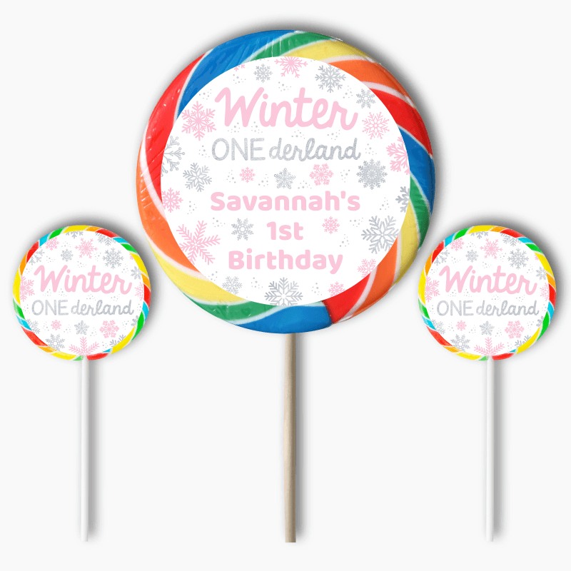 Personalised Pink &amp; Silver Winter ONEderland Birthday Party Round Stickers