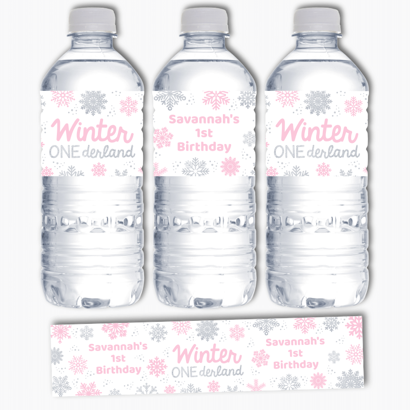 Personalised Pink &amp; Silver Winter ONEderland Party Water Bottle Labels