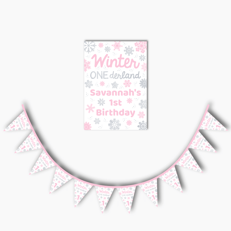 Personalised Pink &amp; Silver Winter ONEderland Party Poster &amp; Flag Bunting Combo