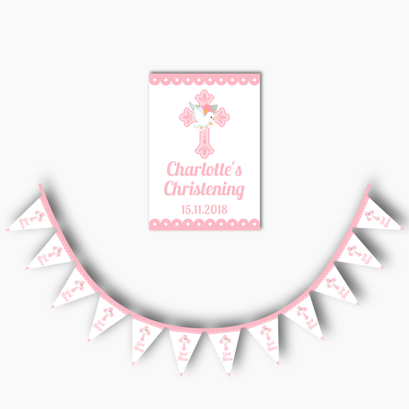 Personalised Pink &amp; White Dove Christening Poster &amp; Flag Bunting Combo