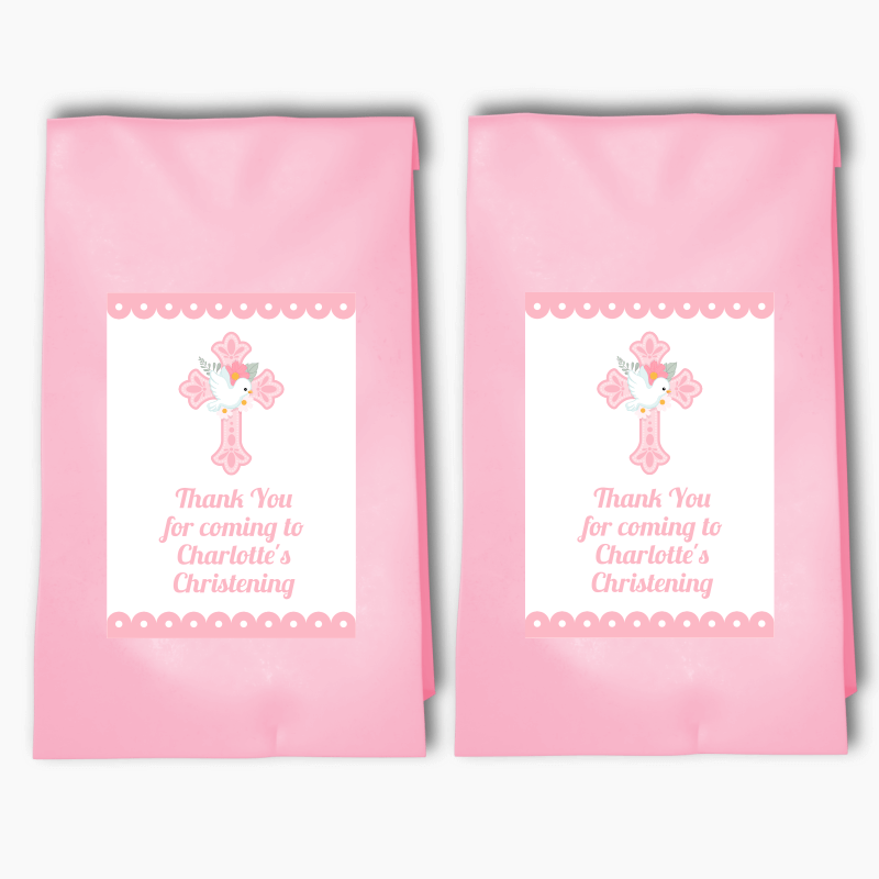 Personalised Pink &amp; White Dove Christening Party Bags &amp; Labels