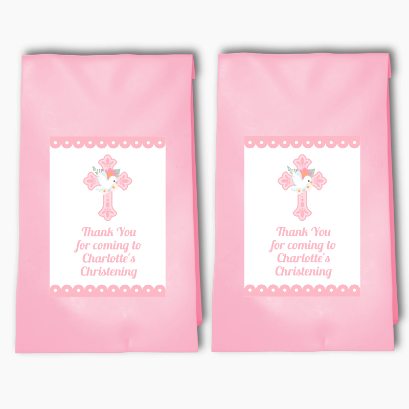 Personalised Pink & White Dove Christening Party Bags & Labels