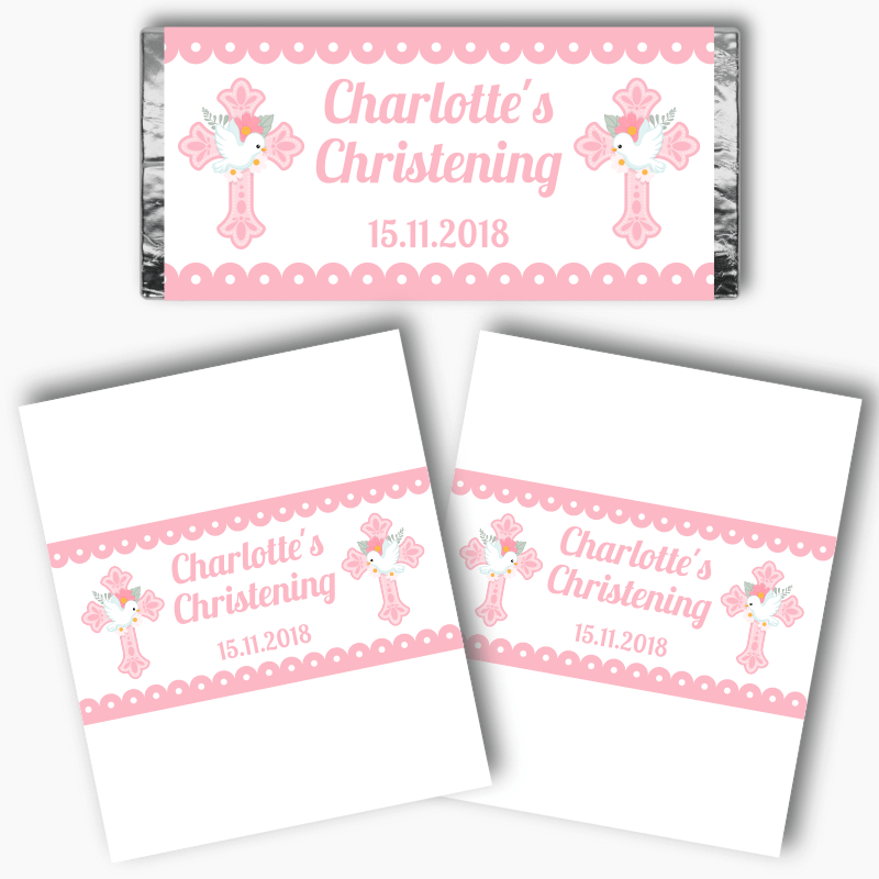 Personalised Pink &amp; White Dove Christening Mini Chocolate Labels