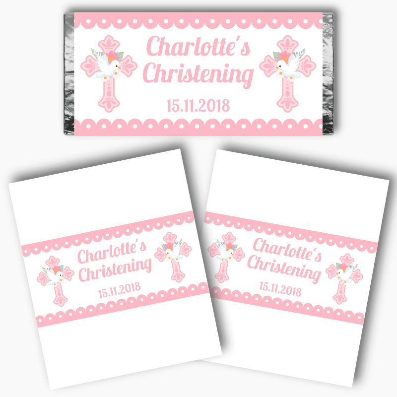 Personalised Pink & White Dove Christening Mini Chocolate Labels