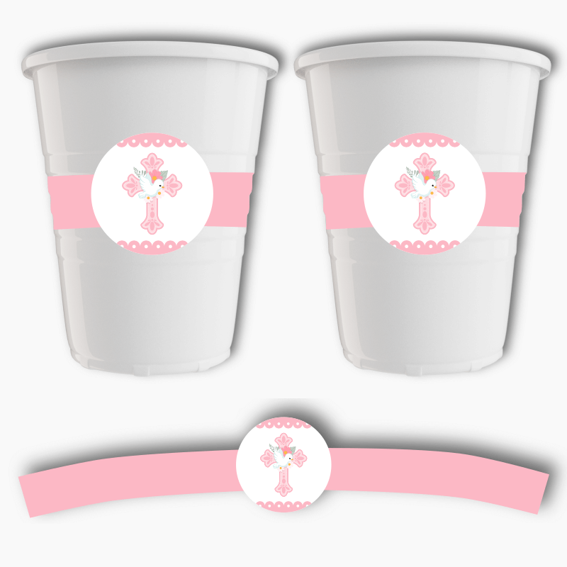 Pink &amp; White Dove Christening Cup Stickers